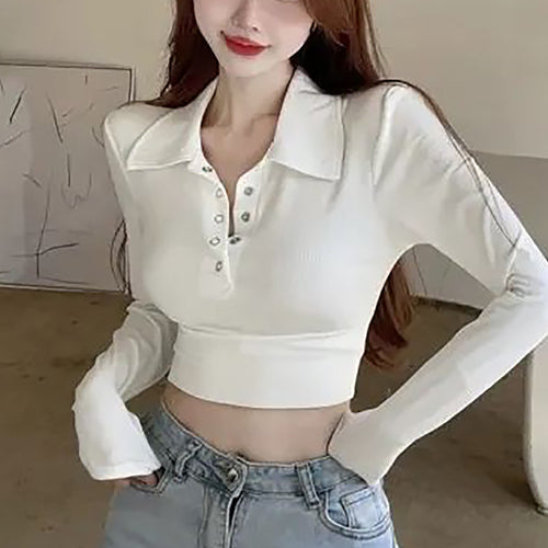 Damen Langarm Crop-Top mit klassischem Kragen und Druckknöpfen