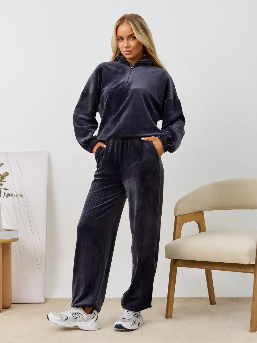 Damen samtiges zweiteiliges Lounge-Set mit Kapuzen-Halbzip und elastischer Bundhose Drune