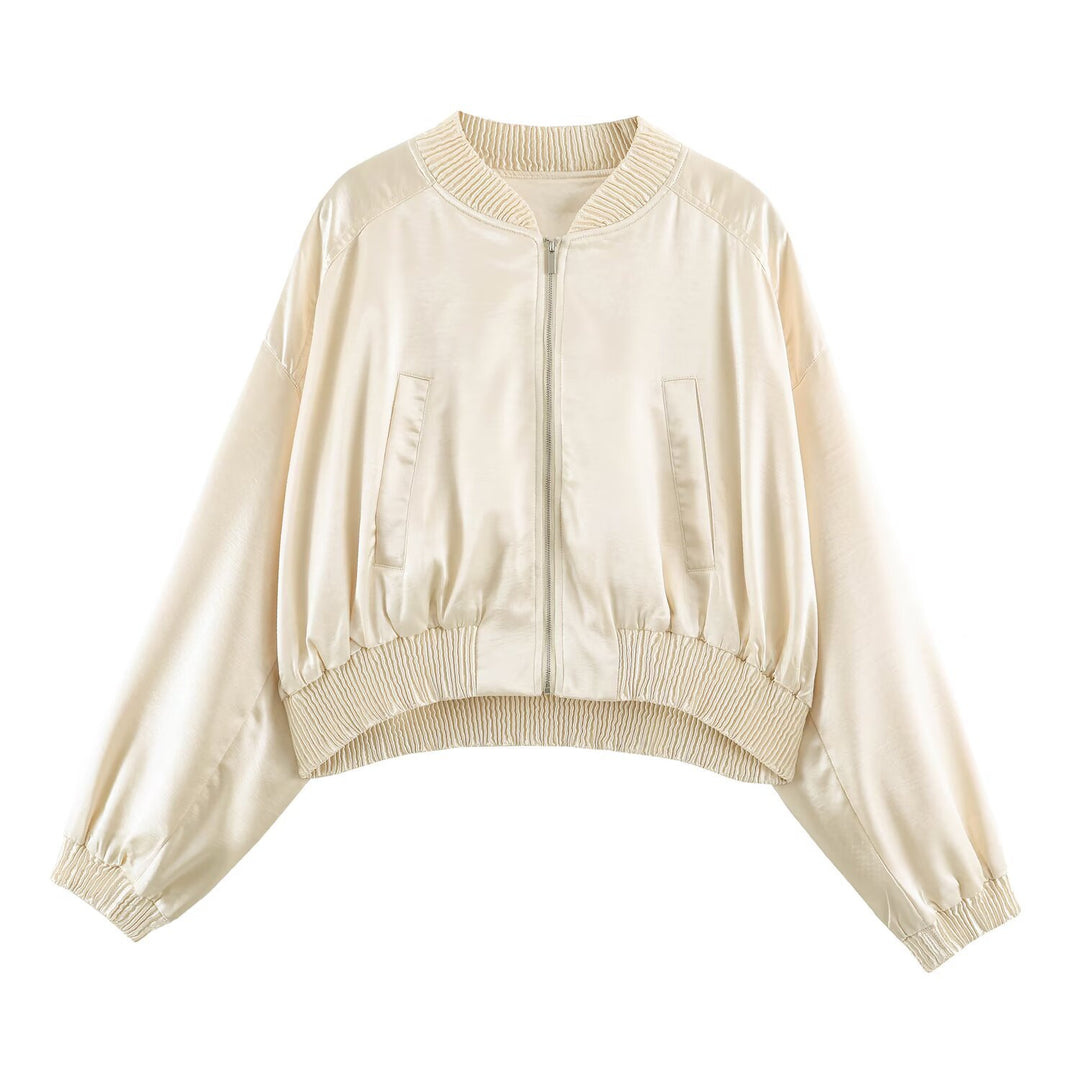 Damen Seidiger Cropped Bomber mit gerafftem Saum, Raglanärmeln und Eingrifftaschen Drune