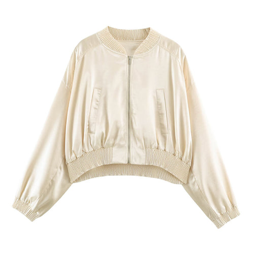 Damen Seidiger Cropped Bomber mit gerafftem Saum, Raglanärmeln und Eingrifftaschen Drune