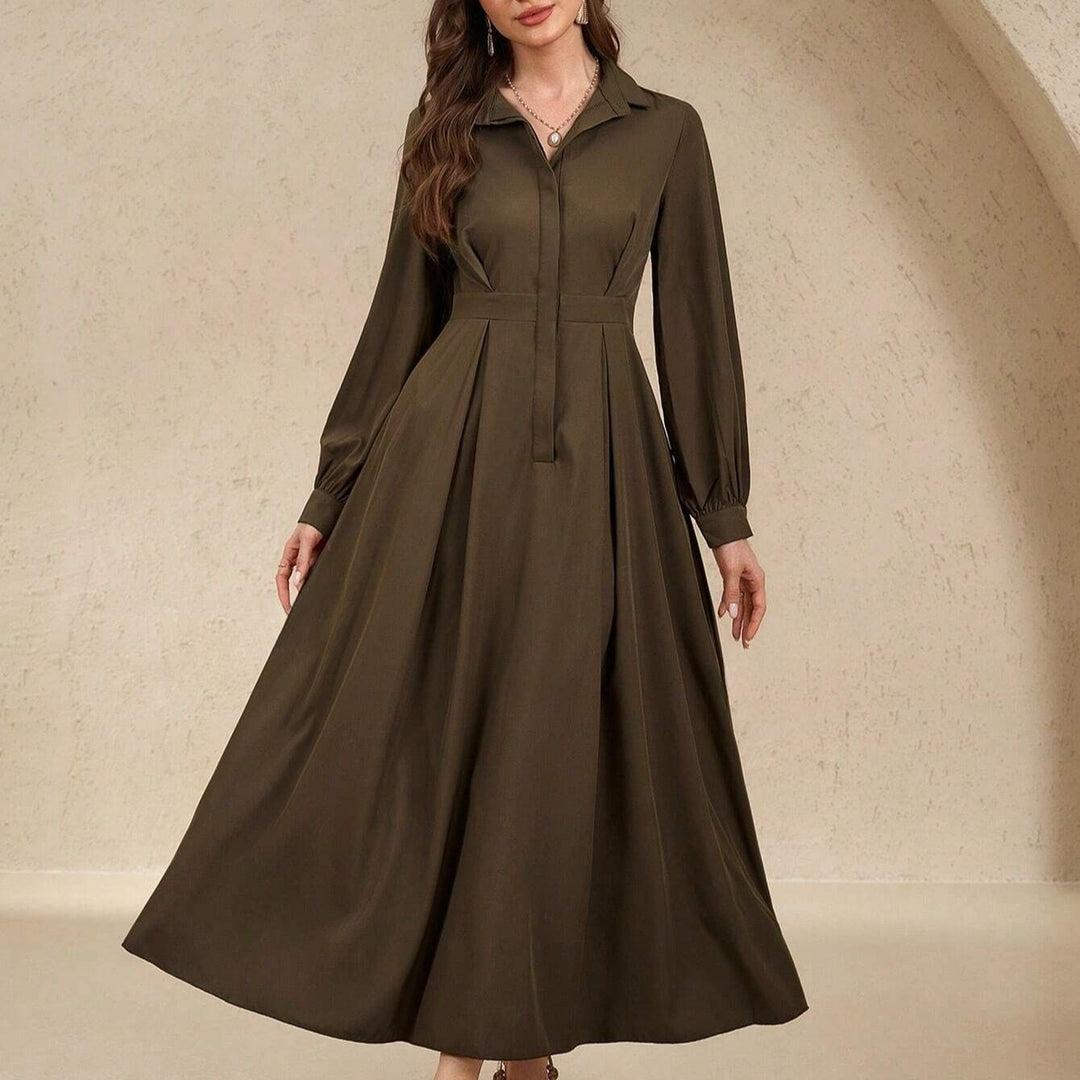 Damen nan langes Hemdblusenkleid mit Taillengürtel, verdeckter Knopfleiste und ballonärmeln Drune