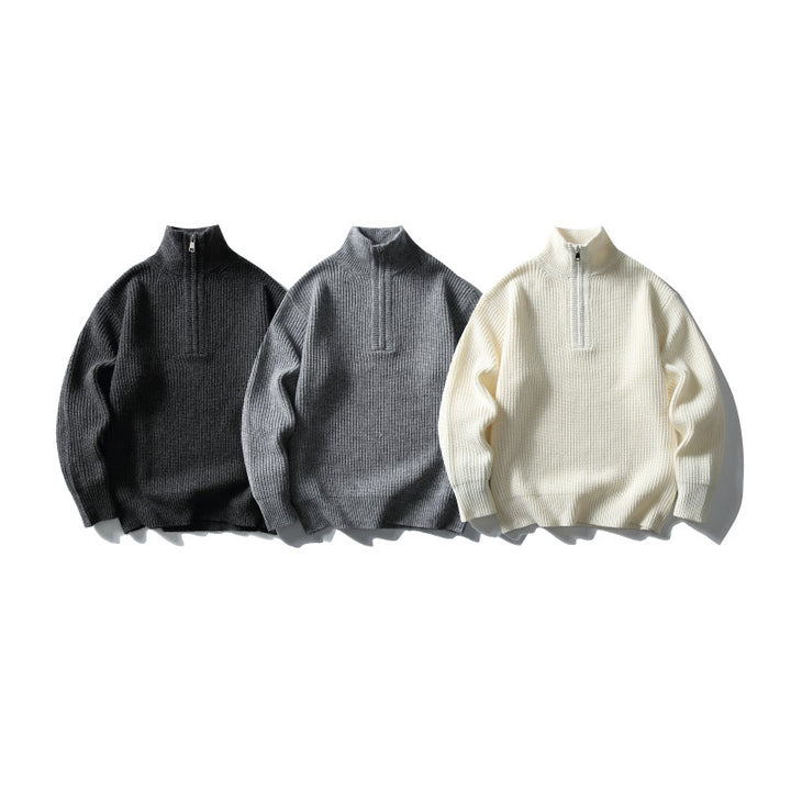 Unisex Strukturierter Halbzip-Strickpullover mit hohem Stehkragen und geripptem Rippstrick Drune