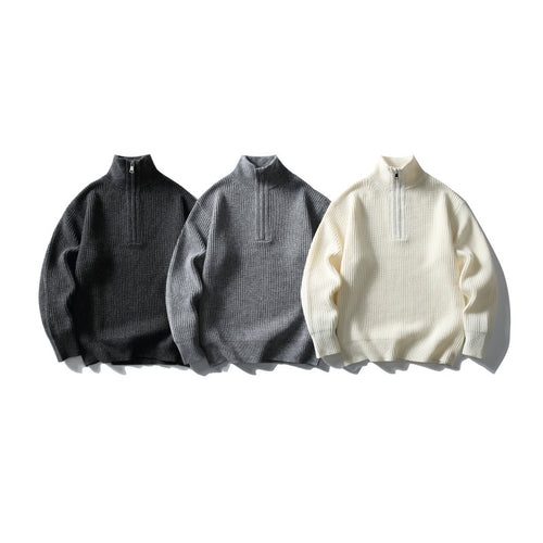 Unisex Strukturierter Halbzip-Strickpullover mit hohem Stehkragen und geripptem Rippstrick Drune