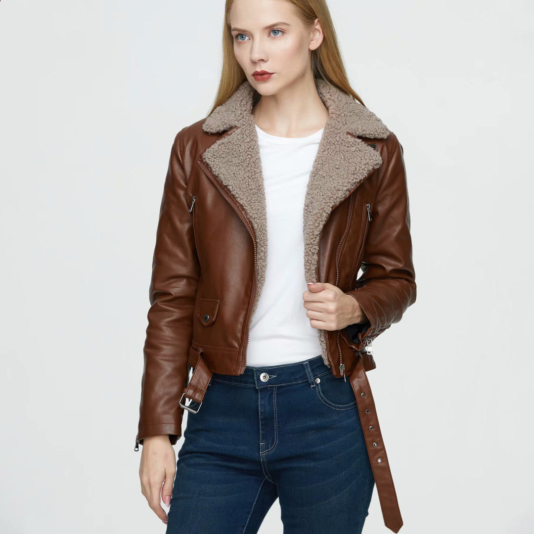 Damen stylische Lammfell-Bikerjacke mit doppeltem Reißverschluss und taillierbarem Gürtel Drune