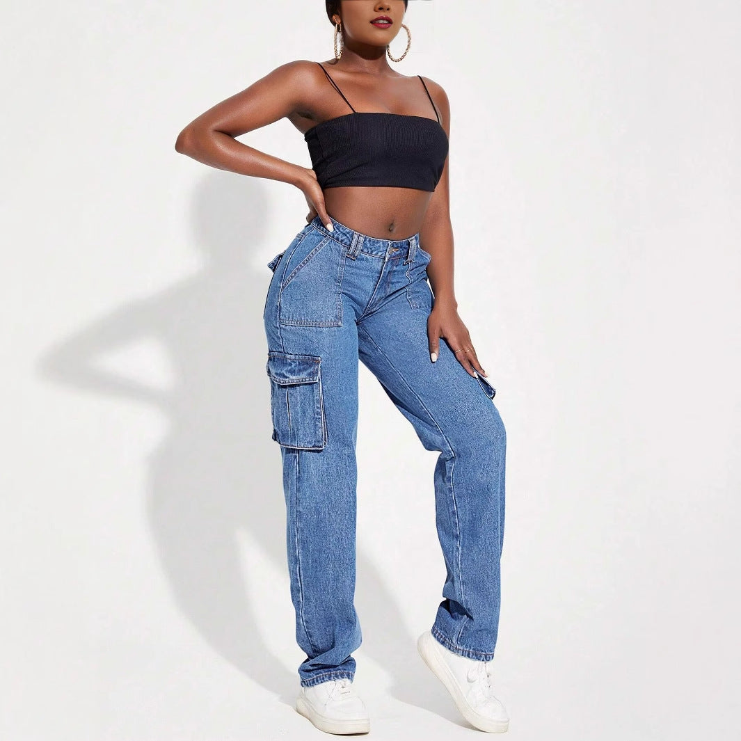 Damen Cargo-Jeans mit hohem Bund und praktischen Taschen Drune