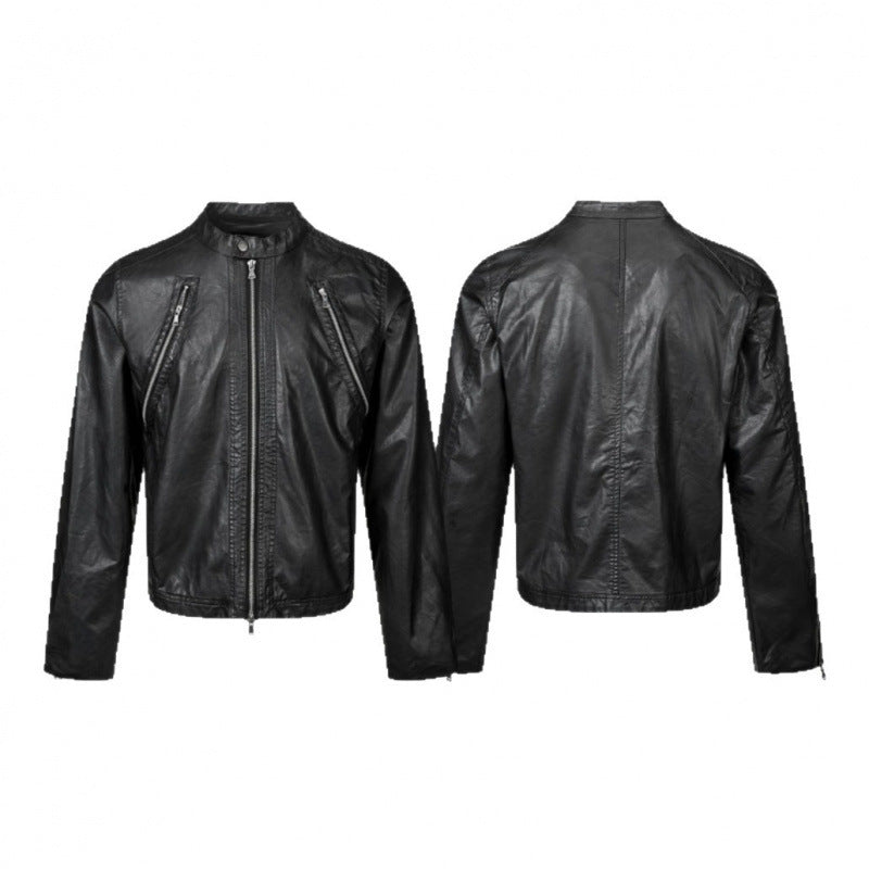 Herren Lederjacke im Bikerstil mit Stehkragen und diagonalen Reißverschlusstaschen Drune