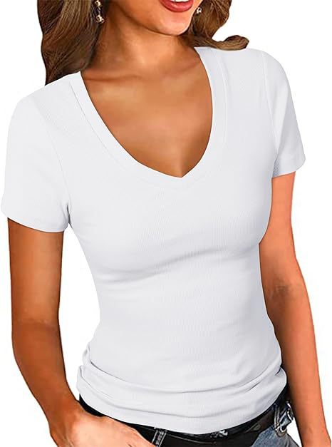 Damen V-Ausschnitt T-Shirt mit strukturierter Oberfläche Drune