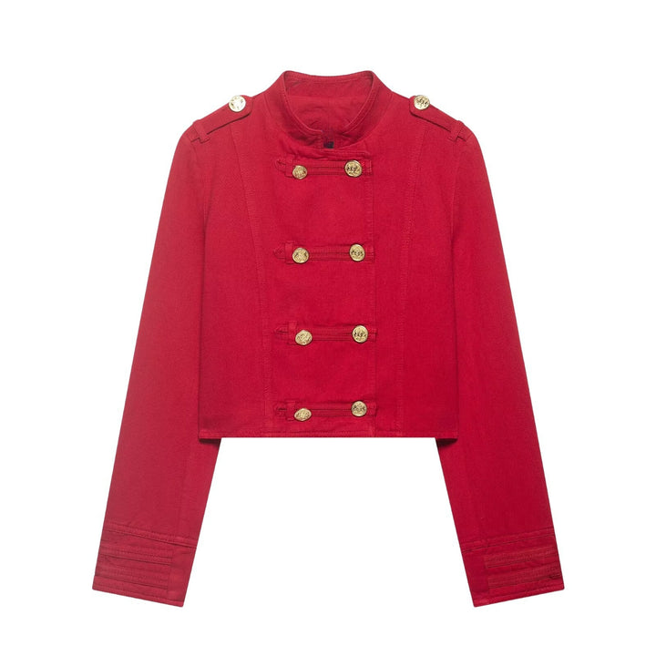 Damen Kurze Militärjacke im Cropped‑Schnitt mit Stehkragen und goldfarbenen Zierknöpfen Drune