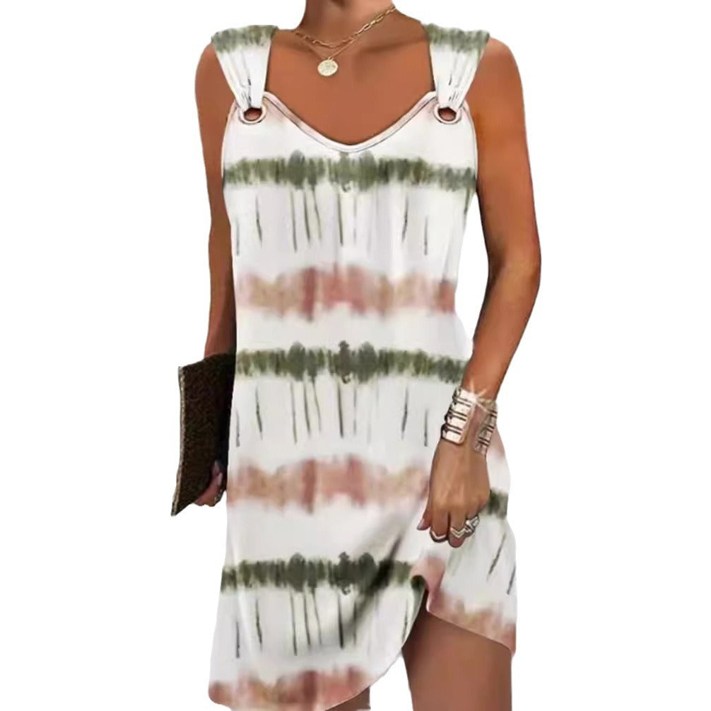 Damen nan ärmelloses V-Ausschnitt-Sommerkleid mit dekorativen Metallösen an breiten Trägern und lässiger A-Linien-Silhouette Drune