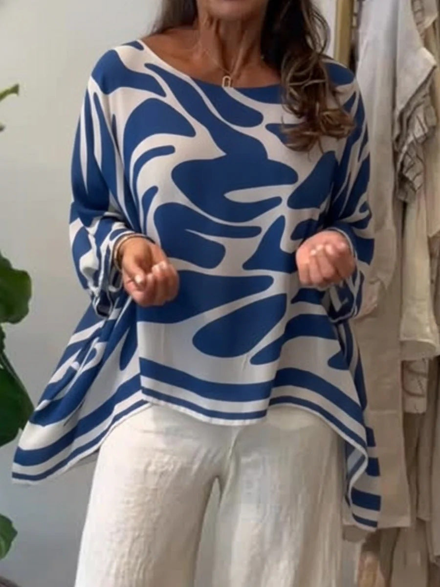 Damen Oversize Sommerbluse mit abstraktem Print, Fledermausärmeln und asymmetrischem Saum Drune