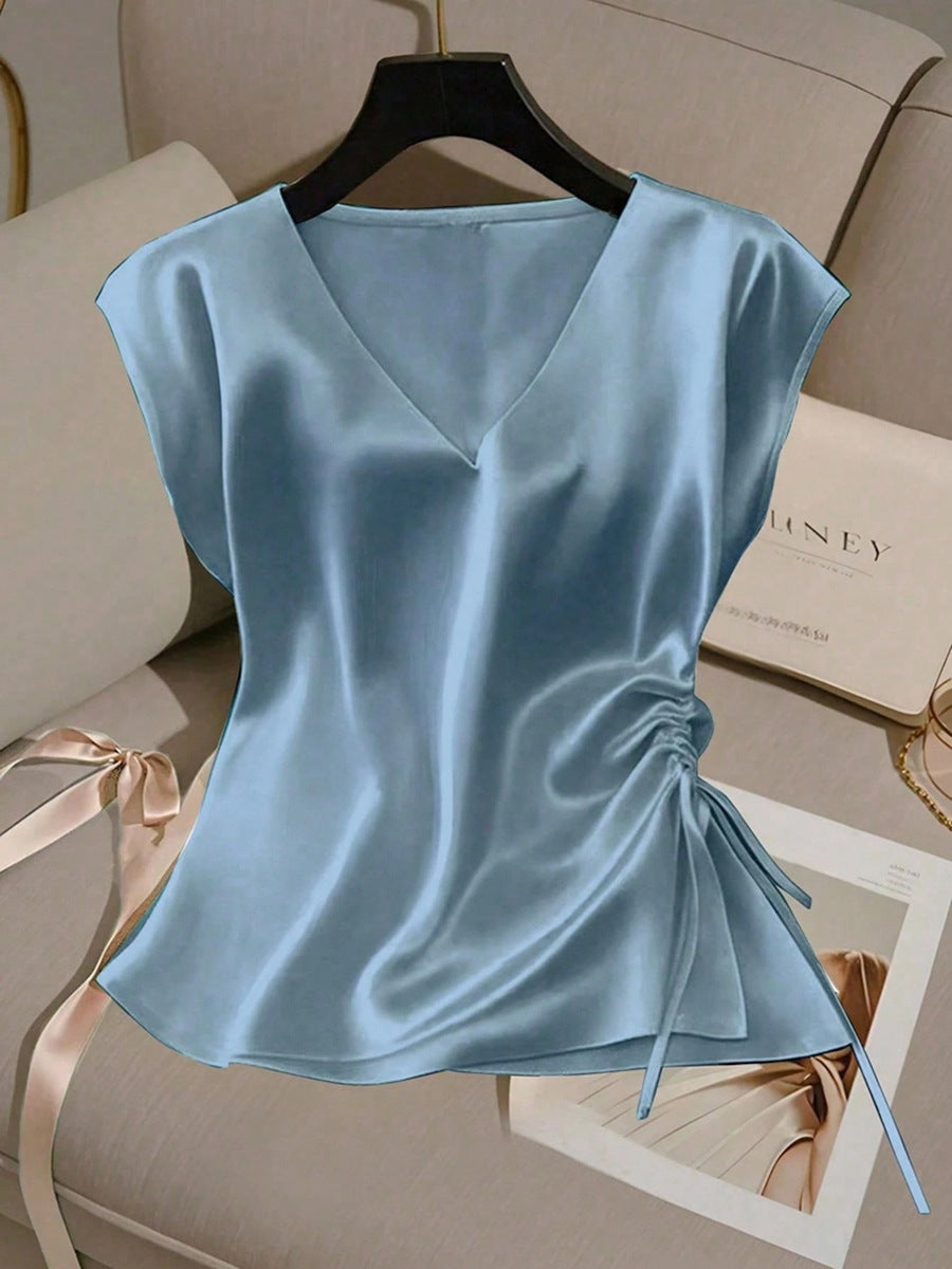 Damen Satinbluse mit seitlichem Kordelzug und V-Ausschnitt Drune