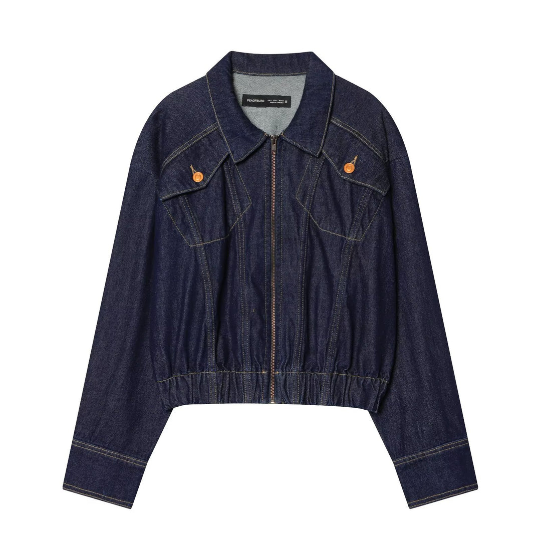 Damen Kurze Jeansjacke mit Reißverschluss, taillierter Kordelraffung und Western‑Details Drune