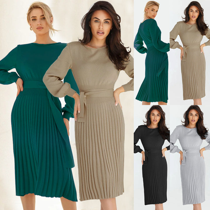 Damen Strickkleid mit taillierbarem Gürtel und langen Ärmeln Drune
