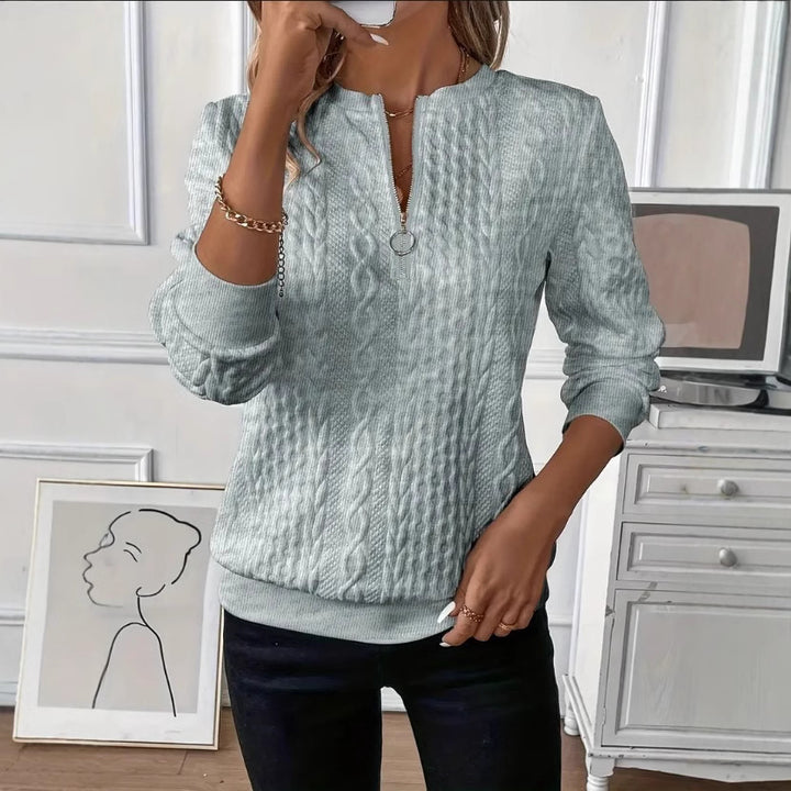 Damen Strukturierte Zopfmuster Sweatshirt mit Halbreißverschluss und Rippbündchen Drune