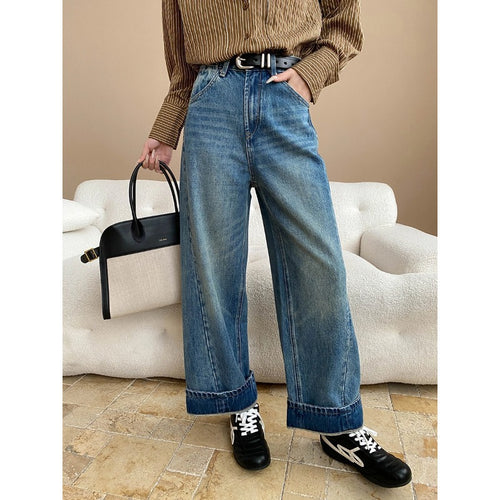 Damen lässige Jeansjacke mit kontrastierendem Kragen und geräumigen Taschen Drune