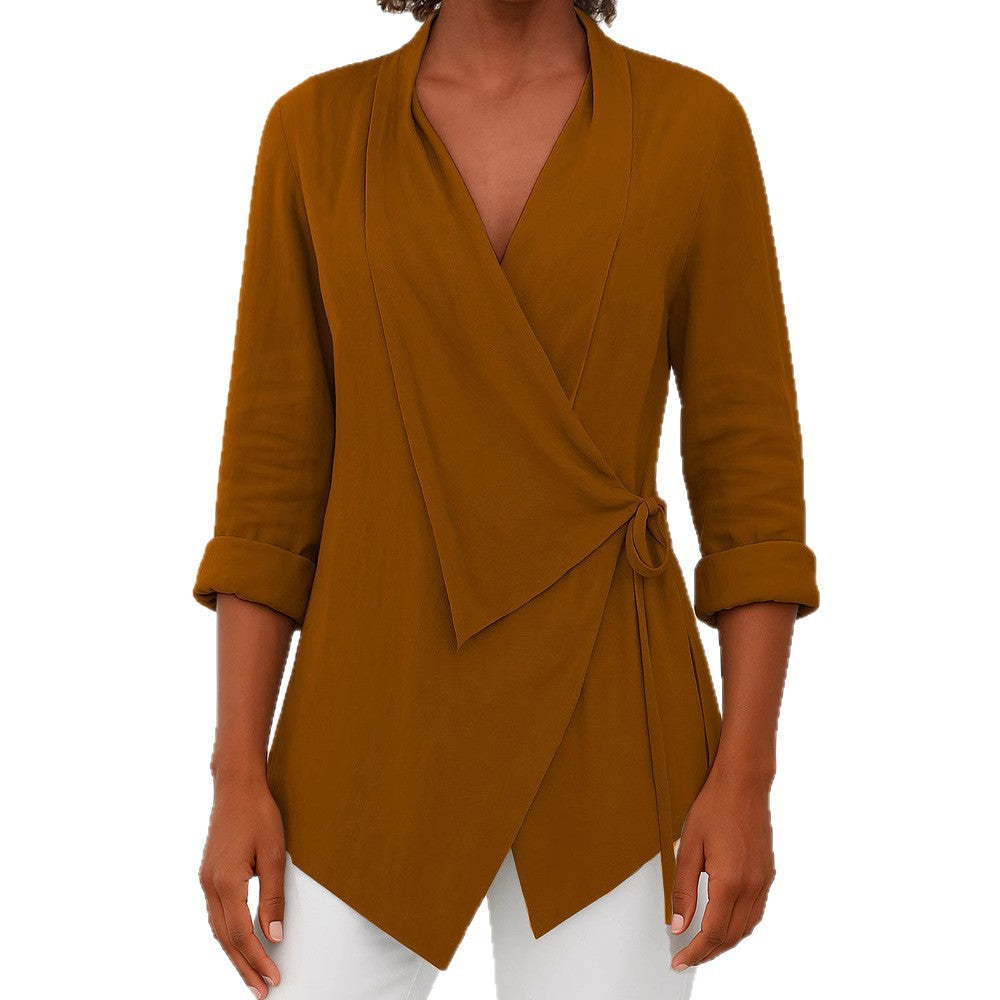 Damen Asymmetrische Wickelbluse mit Schalkragen und 3/4-Ärmeln Drune