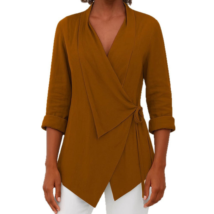 Damen Asymmetrische Wickelbluse mit Schalkragen und 3/4-Ärmeln Drune