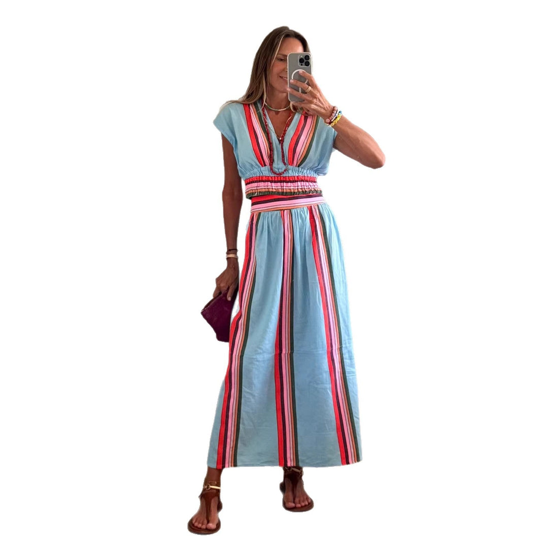 Damen Strandmaxi-Kleid mit elastischem Taillenbund und buntem Streifenmuster Drune