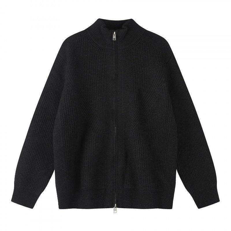 Unisex Grobgestrickter Reißverschluss-Strickcardigan mit Stehkragen und Rippstruktur Drune
