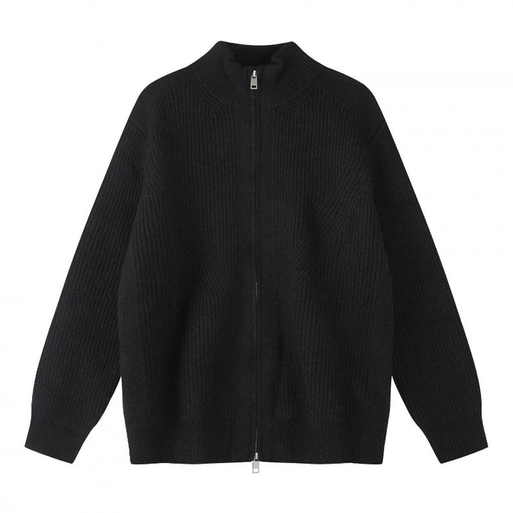 Unisex Grobgestrickter Reißverschluss-Strickcardigan mit Stehkragen und Rippstruktur Drune
