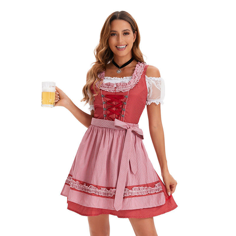 Damen nan kurzes traditionelles Dirndlkleid mit Korsett-Schnürung Spitzendetails und bindbarer Schürze Drune