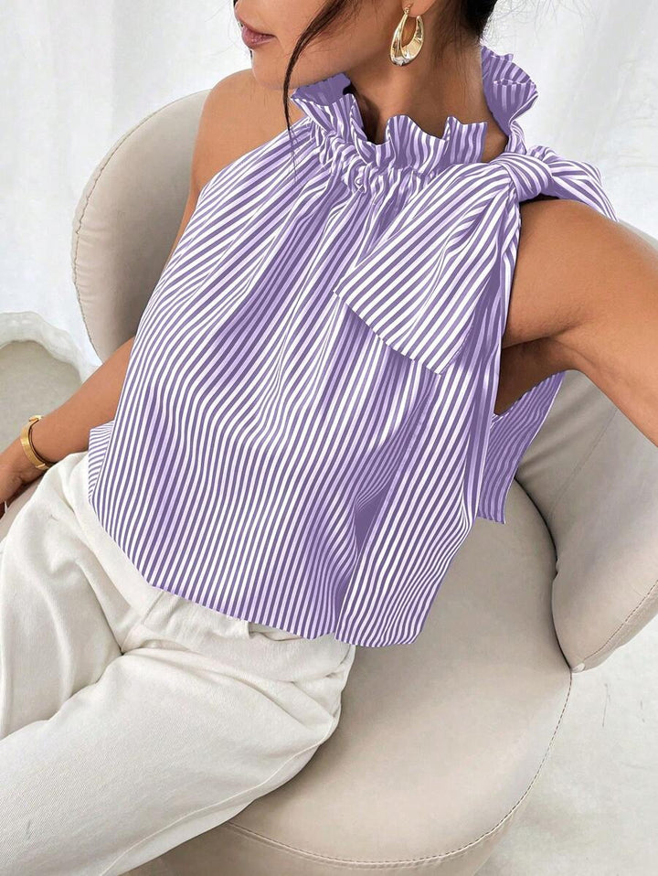 Damen Ärmellose Crêpe-Bluse mit gerafftem Stehkragen und Schulter-Schleife Drune