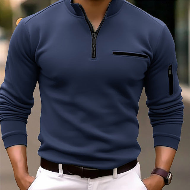 Herren Slim-Fit Pullover mit halbem Reißverschluss, Brust- und Ärmeltasche Drune