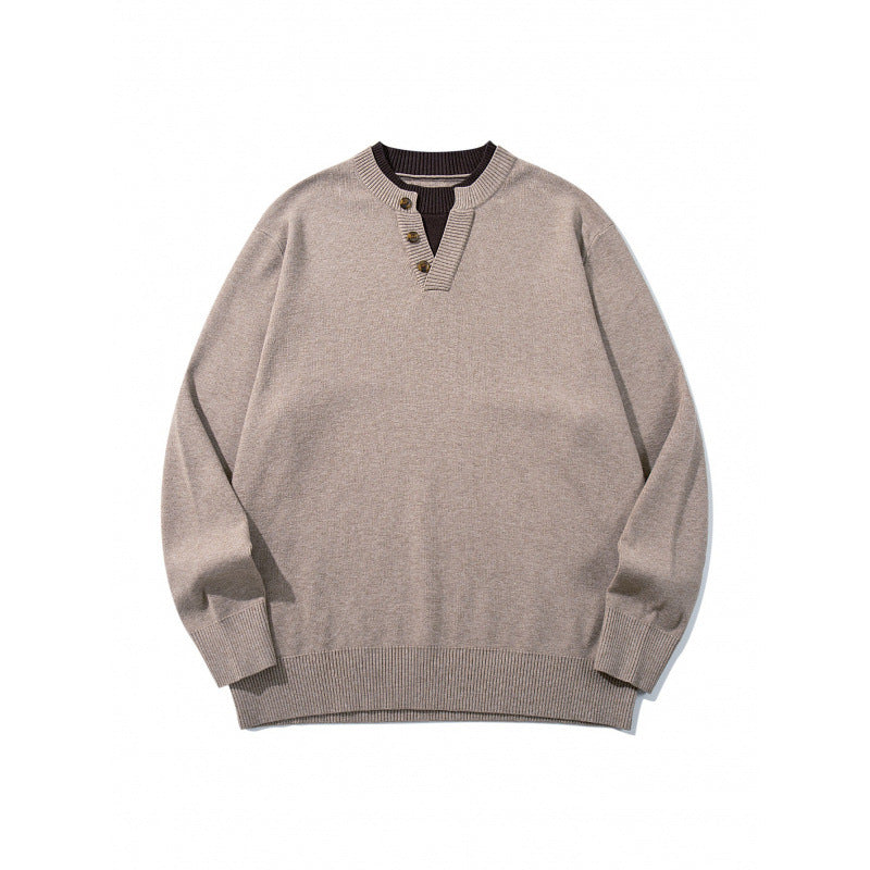 Unisex Strickpullover mit Henley-Knopfleiste, Kontrastkragen und Boxy‑Schnitt Drune