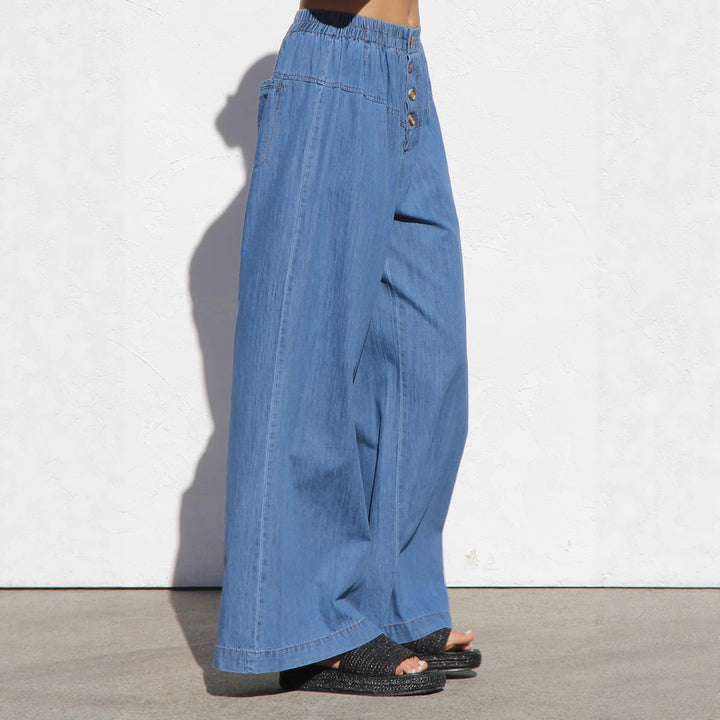 Damen nan weite Highwaist-Jeanshose mit elastischem Bund und dekorativer Knopfleiste Drune