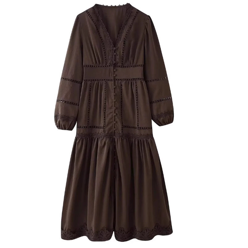 Damen 80+ Maxikleid mit V‑Ausschnitt, Spitzenbesatz, Knopfleiste und Ballonärmeln Drune