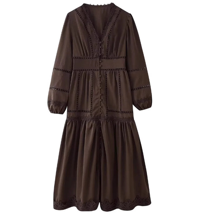 Damen 80+ Maxikleid mit V‑Ausschnitt, Spitzenbesatz, Knopfleiste und Ballonärmeln Drune