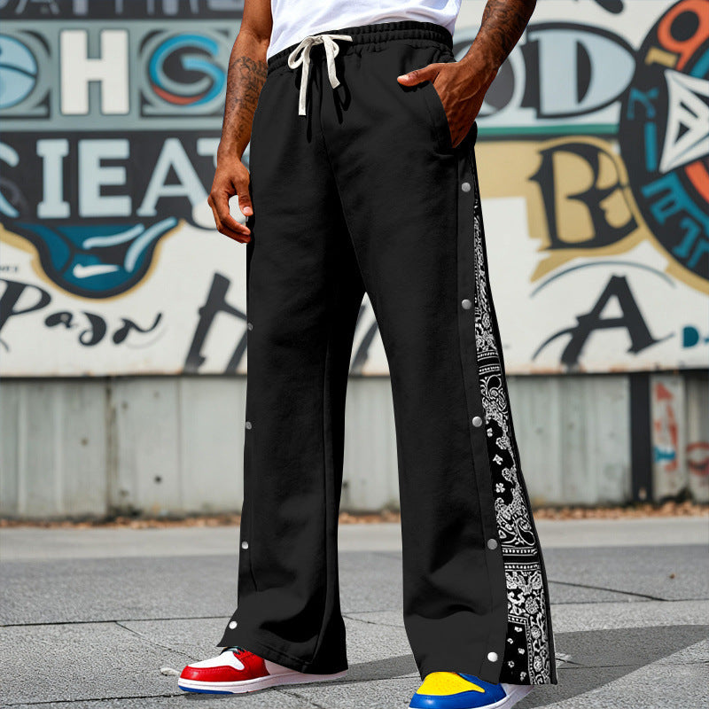 Herren Weite Snap-Trackhose mit Tunnelzug, seitlicher Bandana-Blende und Druckknopfleiste Drune
