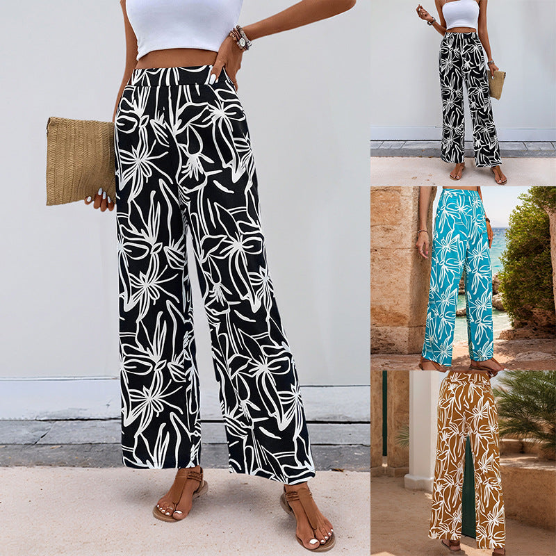 Damen Weite Leinenoptik-Hose mit hohem Bund und floralem Print Drune