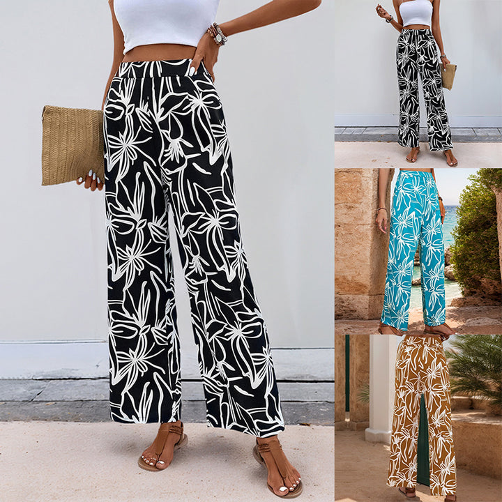 Damen Weite Leinenoptik-Hose mit hohem Bund und floralem Print Drune