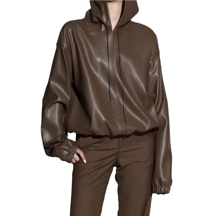 Damen lässige Kunstlederjacke mit Kapuze Drune