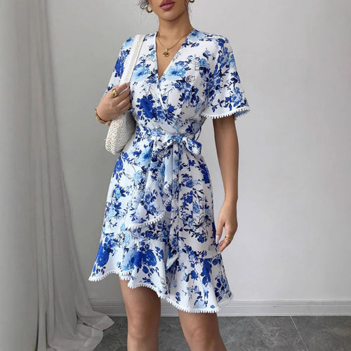 Damen florales Wickelkleid mit Rüschendetails und Taillengürtel Drune