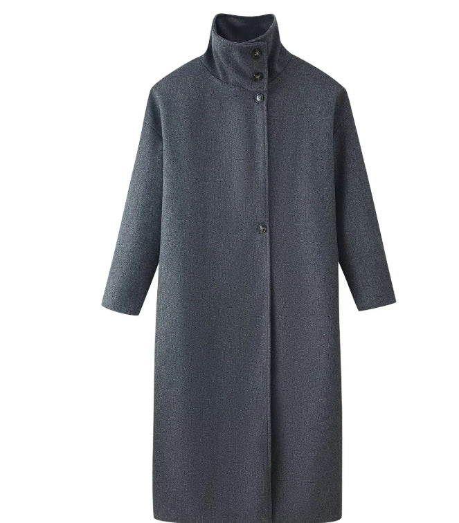 Damen 300+ langer minimalistischer Wollmix‑Mantel mit Stehkragen und verdeckter Knopfleiste Drune