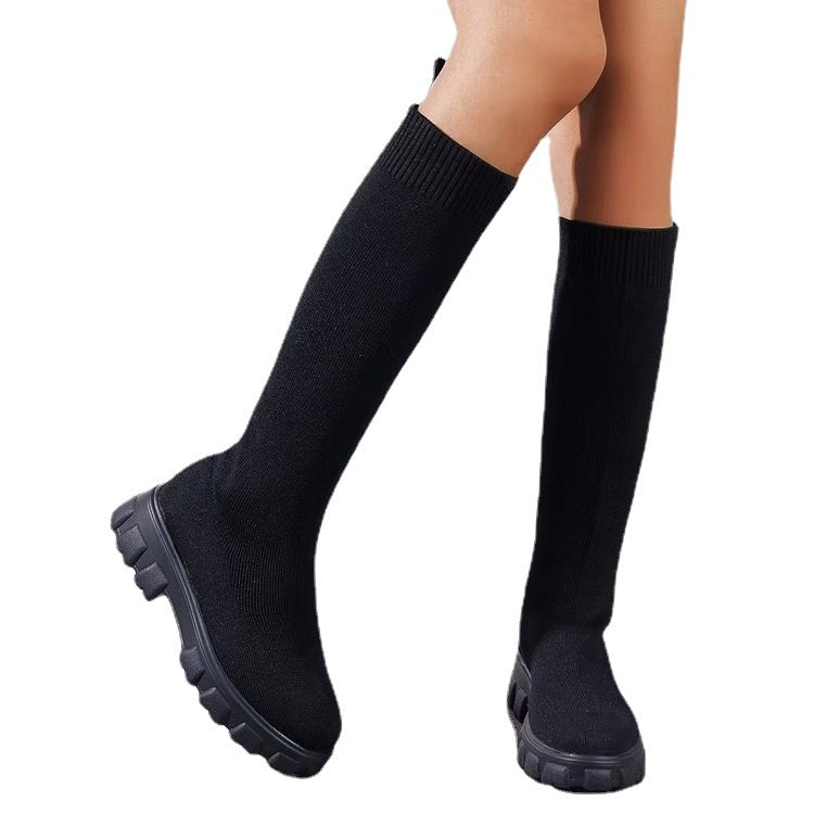 Damen Strick-Overknee-Stiefel mit elastischem Sock-Schaft und klobiger Lug-Sohle Drune