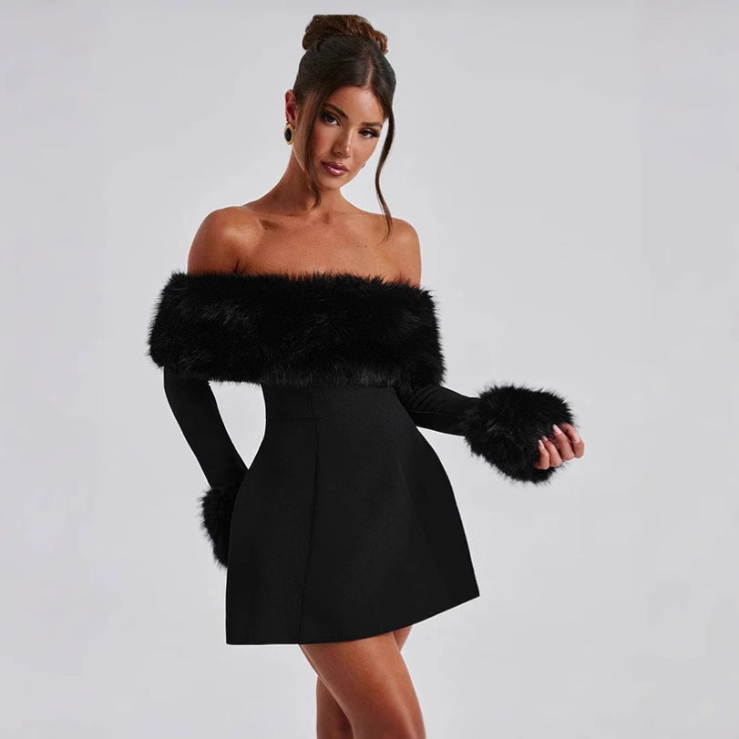 Damen Offshoulder-Kleid mit luxuriöser Futterverzierung und schwingendem Rock Drune