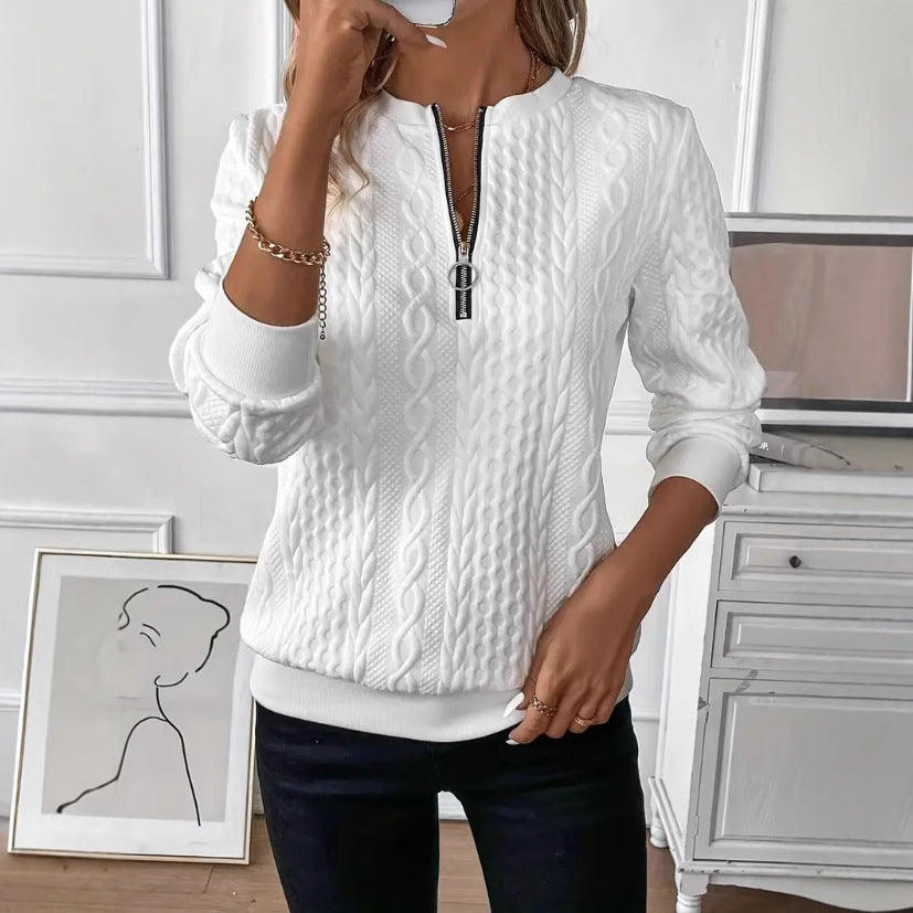 Damen Strukturierte Zopfmuster Sweatshirt mit Halbreißverschluss und Rippbündchen Drune