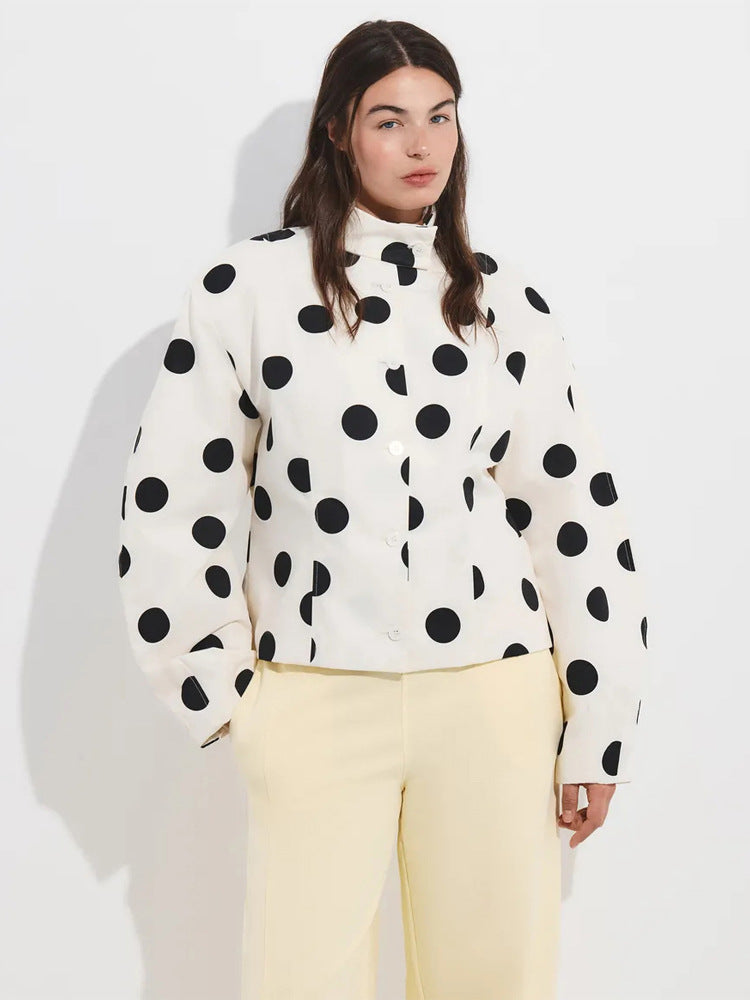 Damen Gepunktete Stehkragen-Bluse mit Oversize-Ärmeln und kastiger Cropped-Silhouette Drune