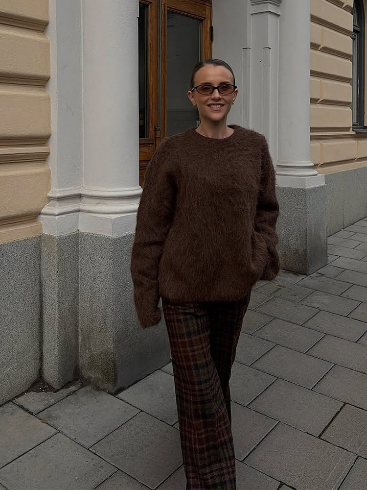 Damen Kuscheliger Mohair‑Optik Pullover mit Rundhalsausschnitt und legerer Silhouette Drune