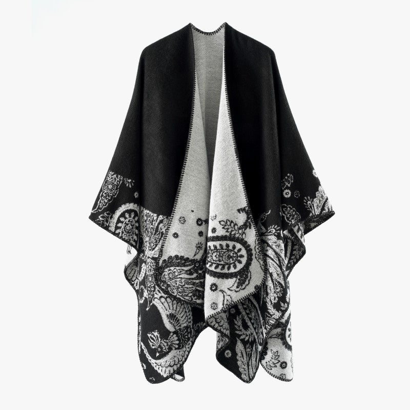 Damen Reversibler Jacquard-Capeponcho aus Wollmix mit Paisley-Motiv und offenem Fall Drune