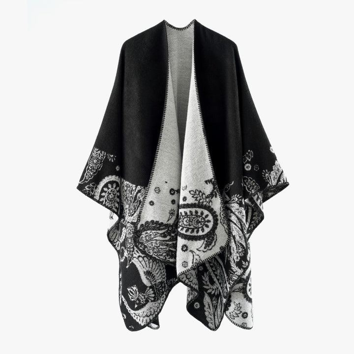 Damen Reversibler Jacquard-Capeponcho aus Wollmix mit Paisley-Motiv und offenem Fall Drune