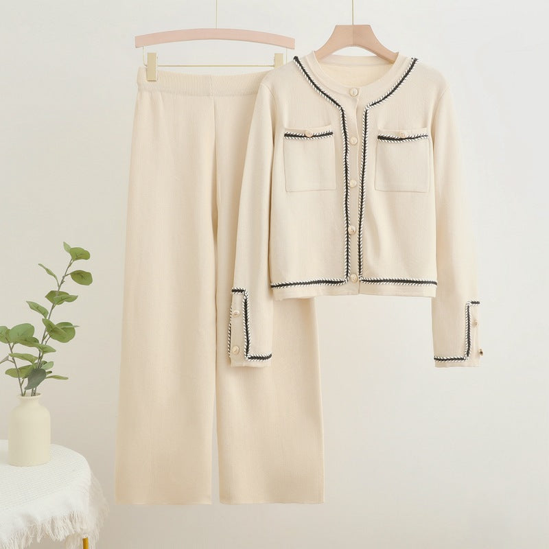 Damen elegantes Zweiteiler-Set mit strukturiertem Blazer und weitem Hosen Drune