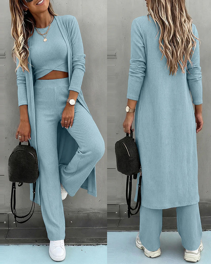 Damen Dreiteiliges Rippstrick-Loungewear-Set mit Longcardigan, bauchfreiem Top und weiter Palazzohose Drune