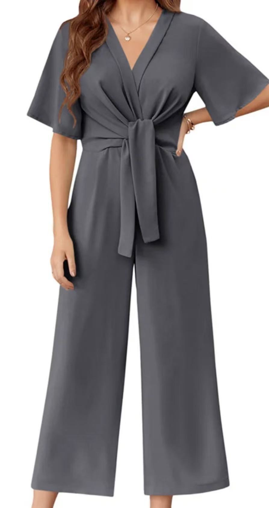 Damen eleganter Wickel-Jumpsuit mit weiten Beinen und Taillengürtel Drune