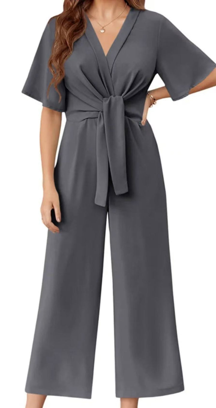 Damen eleganter Wickel-Jumpsuit mit weiten Beinen und Taillengürtel Drune