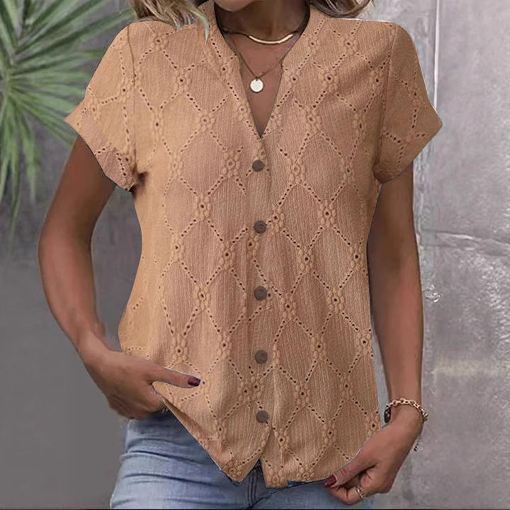Damen nan kurzärmlige Broderie-Bluse mit V-Ausschnitt und durchgehender Knopfleiste Drune