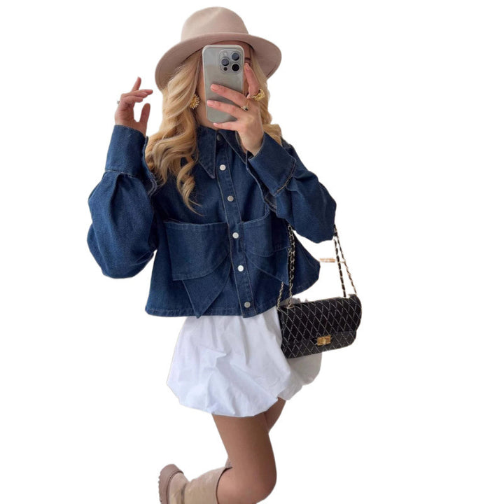 Damen stylische cropped Denimjacke mit praktischen Taschen Drune